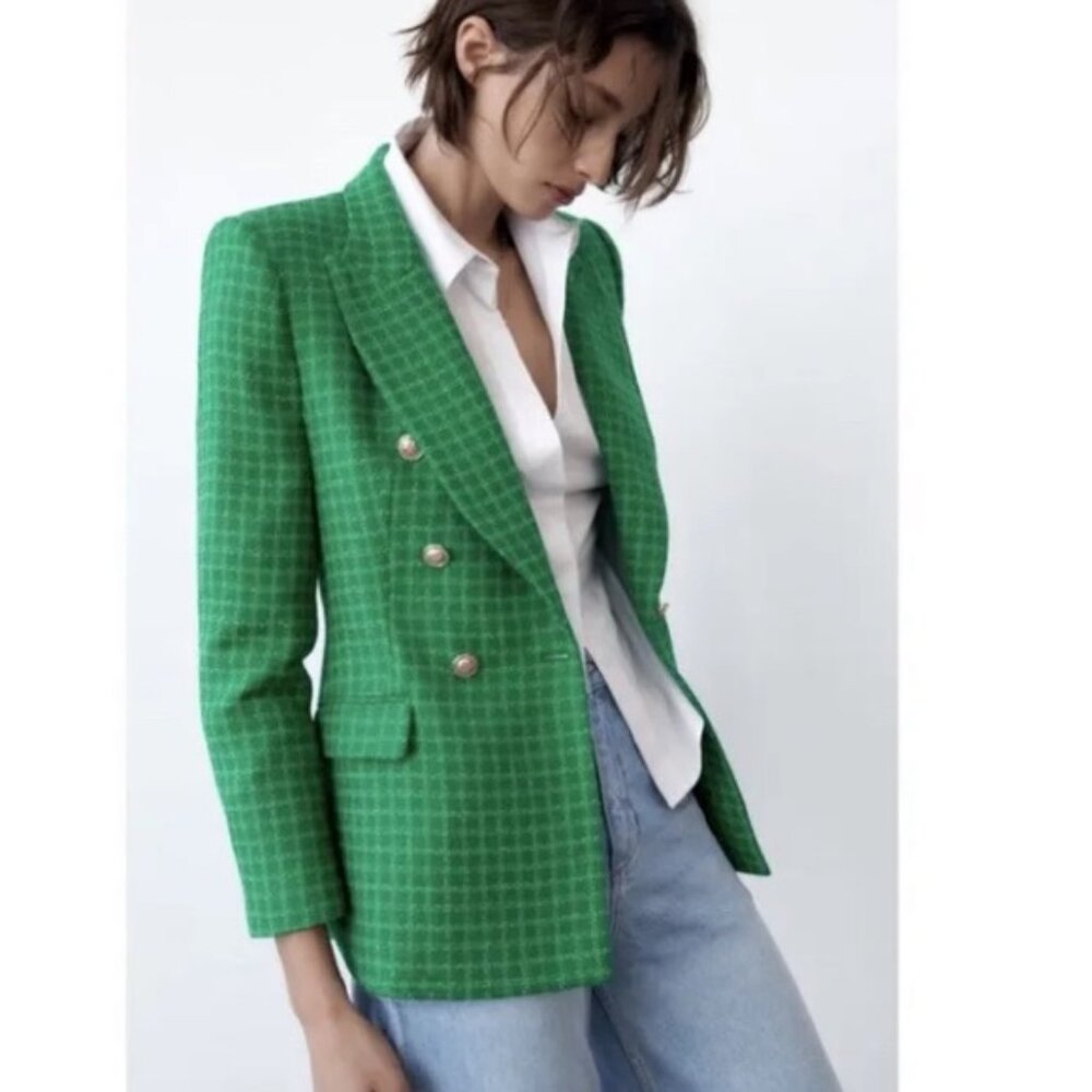 Zara Textured Green/Gold Button Blazer